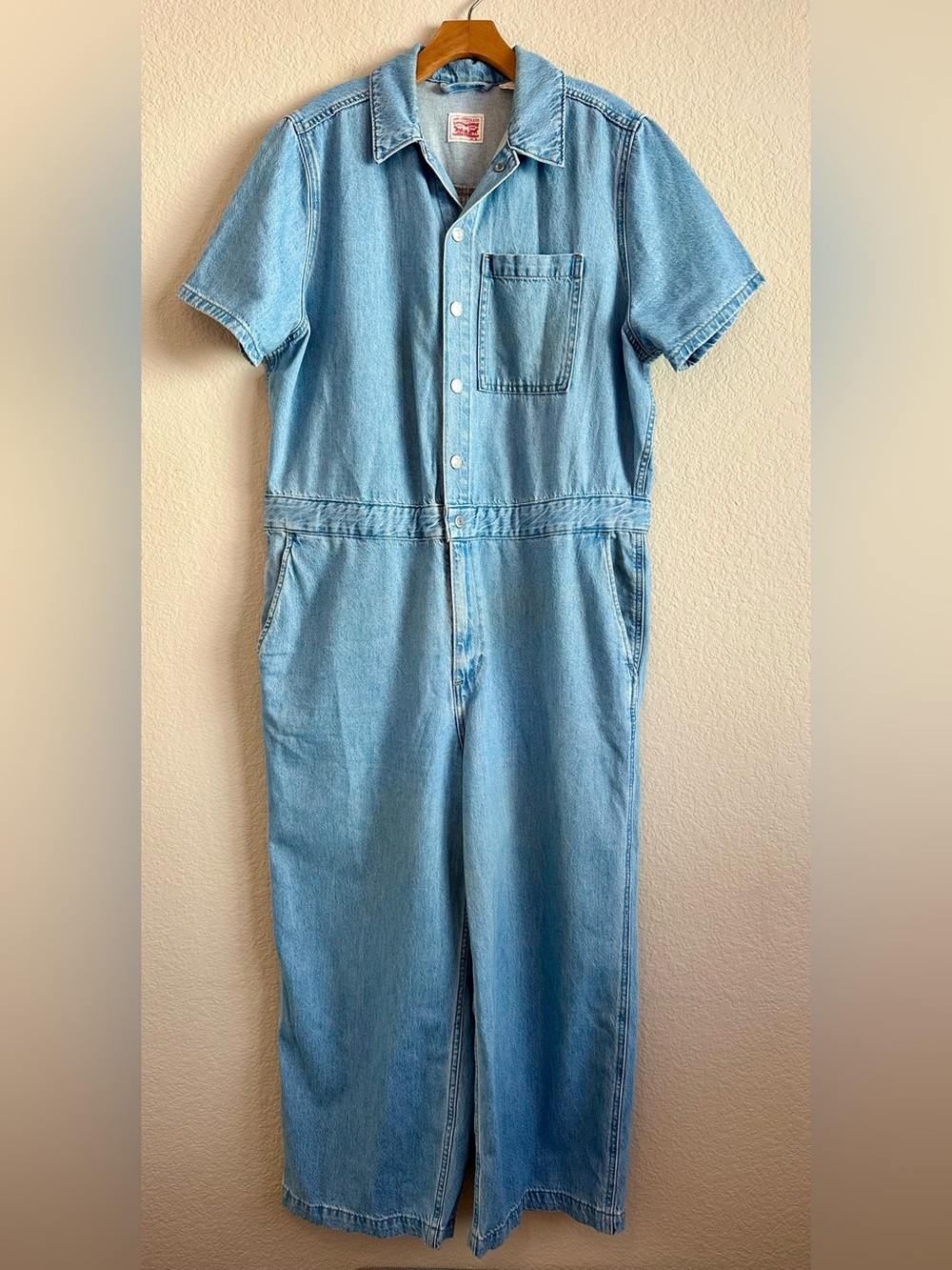 Levi's One Piece Jumpsuit Wide Leg Lt Blue Denim Short Sleeve Womens XL Utility